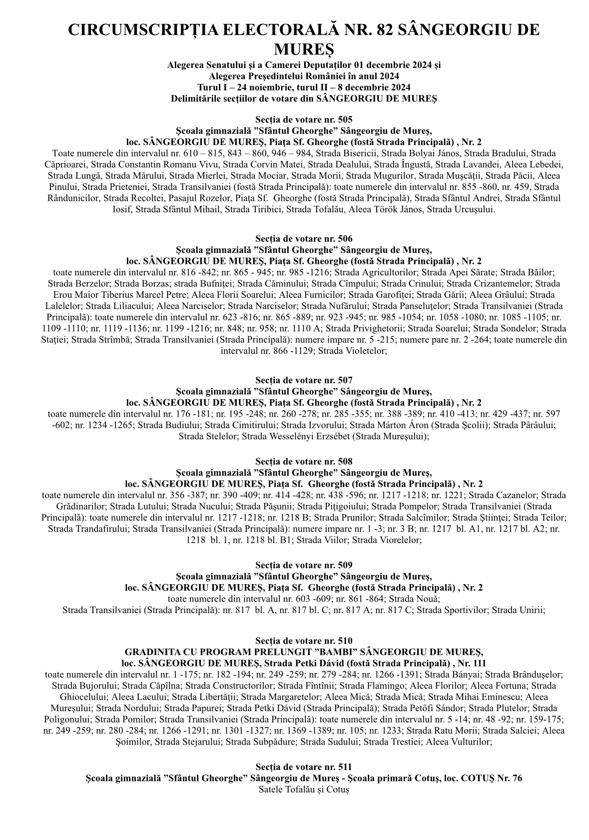 Anunț important privind secțiile de votare din Sângeorgiu de Mureș