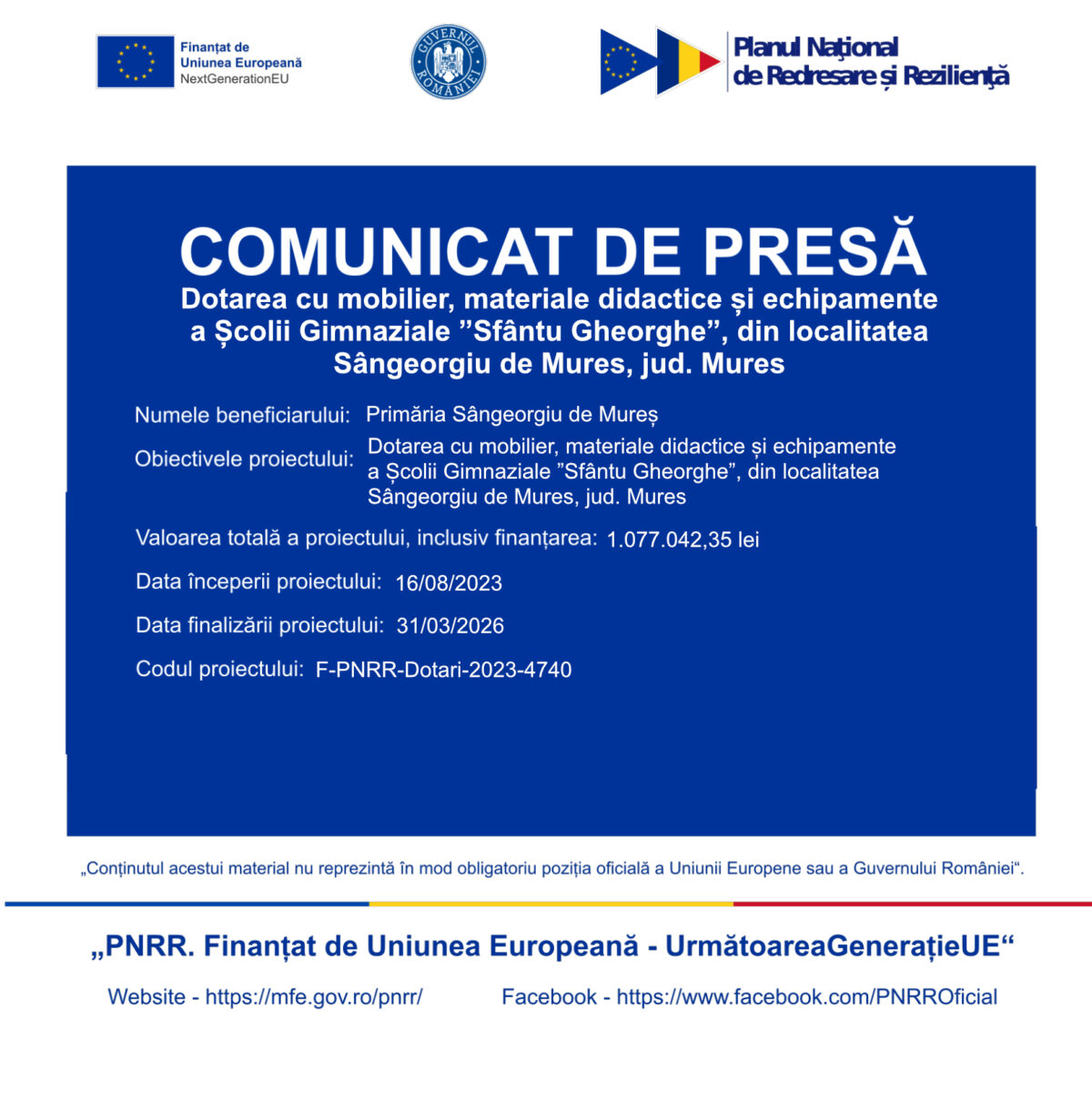 COMUNICAT DE PRESĂ –  Încă un proiect european finalizat la Școala Gimnazială „Sfântul Gheorghe” din Sângeorgiu de Mureș